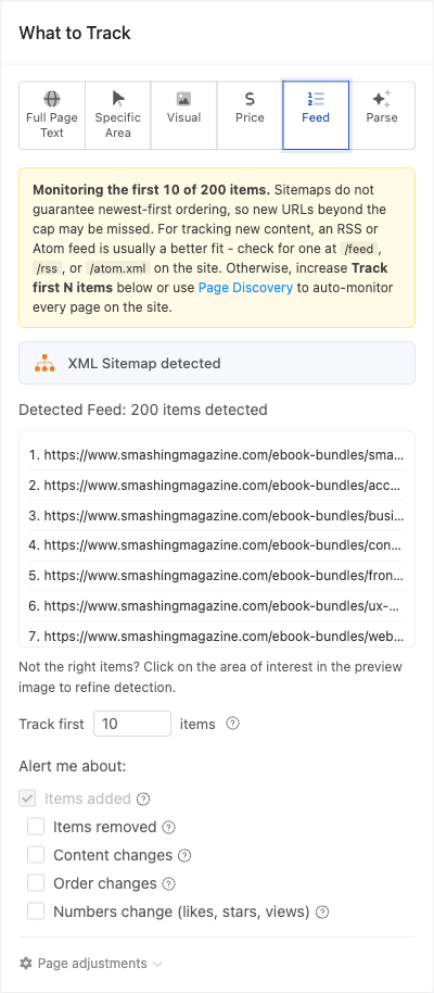 Track New Page in Feed mode after pasting a sitemap URL, showing the XML Sitemap detected badge, the parsed list of URLs, the Track first N items cap, and the alert options
