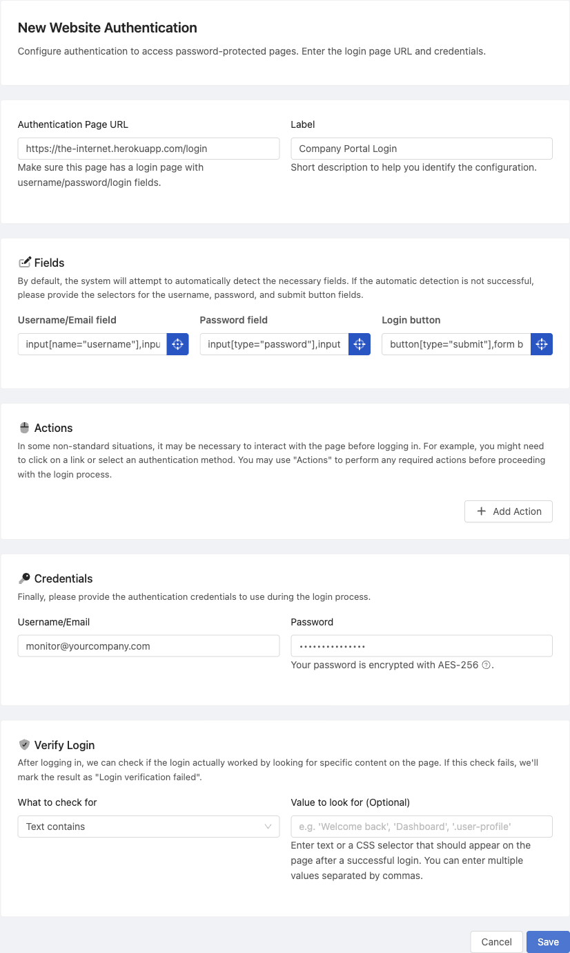 Website Authentication form showing the login page URL, the username/password/login-button field selectors, and the Credentials section where the username and password are entered